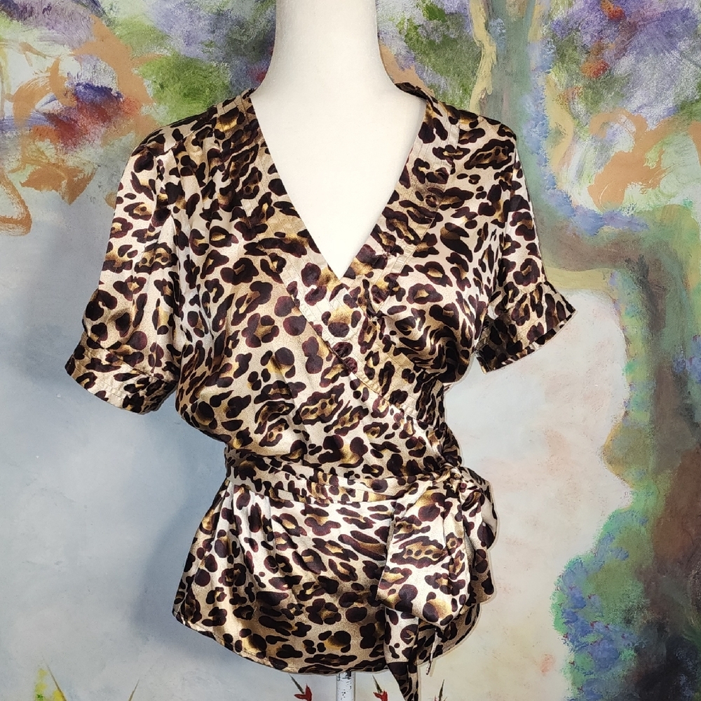Brown and Cream Puff Sleeve Wrap Blouse with Tie Front